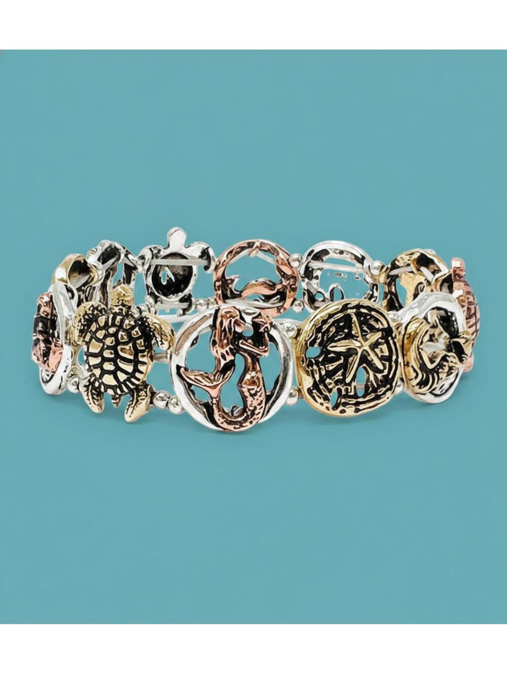 Ocean-Themed Silver and Gold Tone Stretch Bracelet